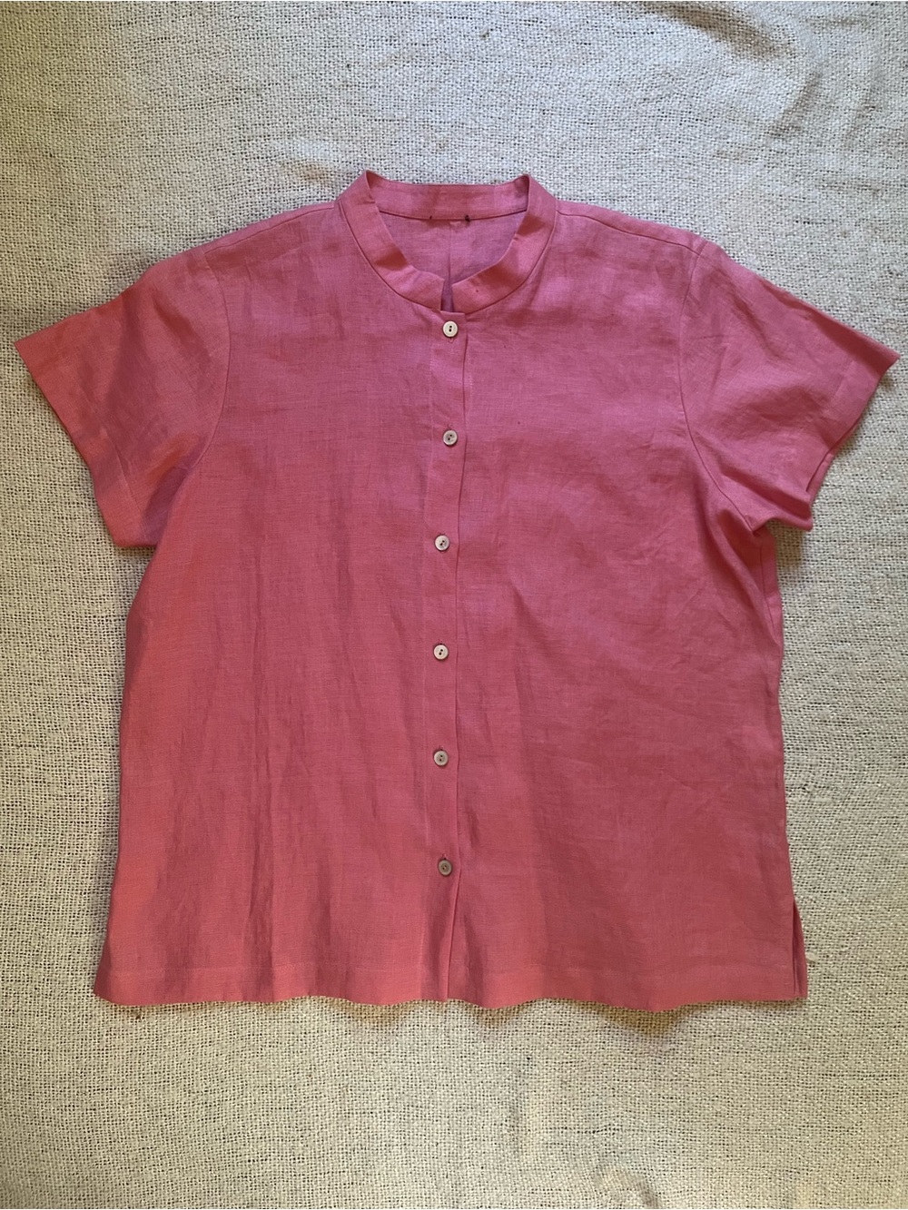 Women's Short-Sleeve Button Front Linen Top in Rose Pink -Vintage